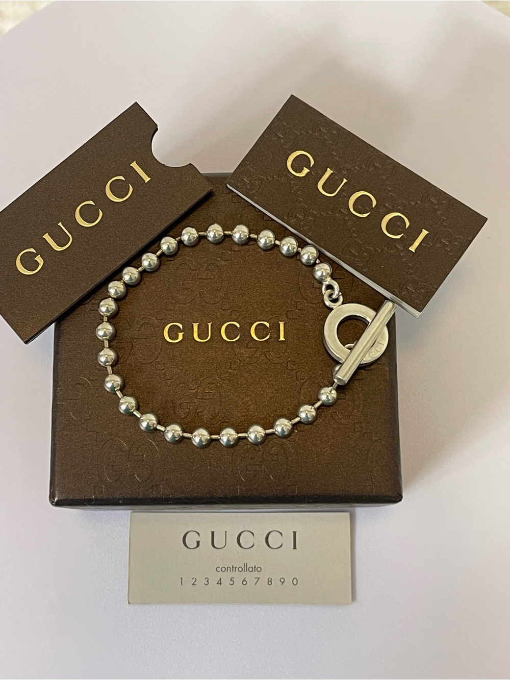 Gucci Silver 925 Ball Chain Bracelet w/ Box & Authenticity Card
